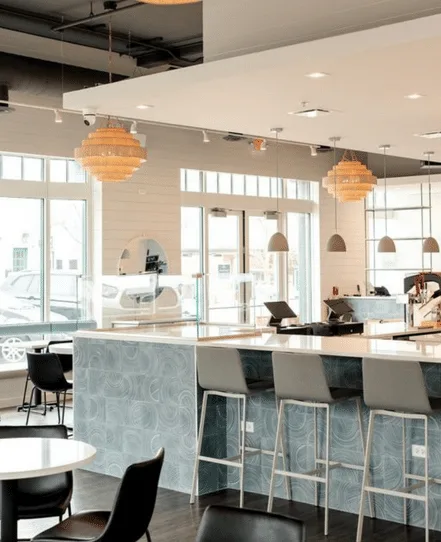 Renovated upscale retail café featuring modern finishes and an enhanced customer experience, Lake Forest, IL