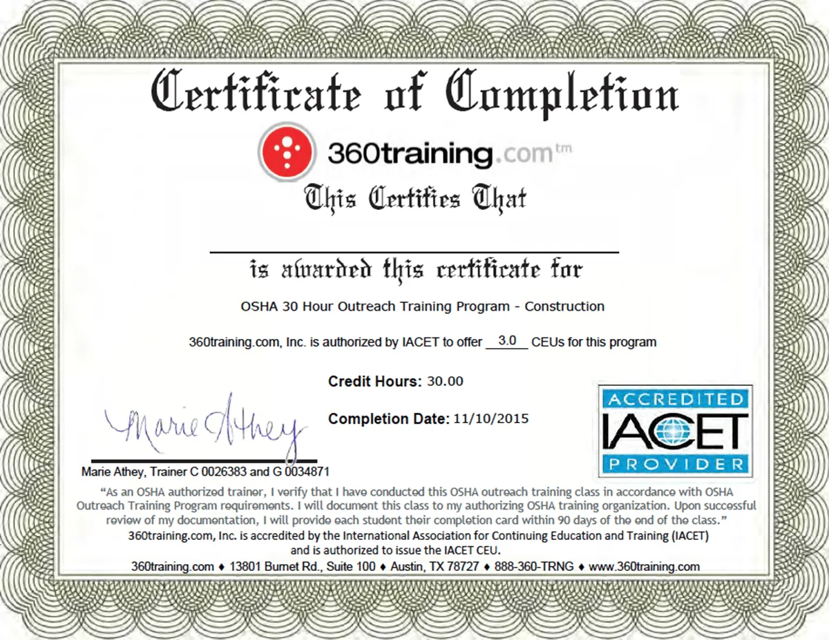 OSHA 30 Outreach, Construction Certification from 360training.com