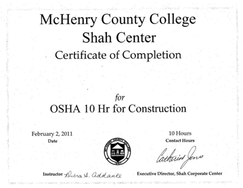 OSHA 10 Construction Certification from McHenry County College