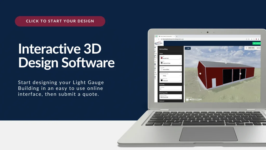 Interactive 3D Design Software: a laptop running the online configurator, with a red light gauge metal building on screen