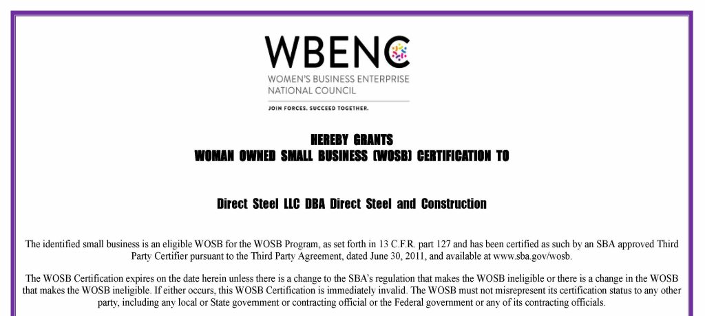 Women-Owned Small Business (WOSB) Certificate from U.S Small Business Administration