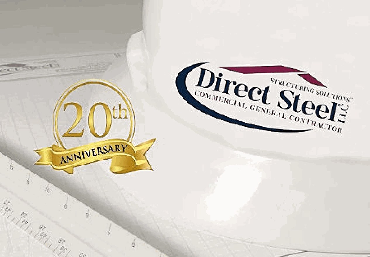 Direct Steel and Construction 20th Anniversary graphic resting on rolled drawings