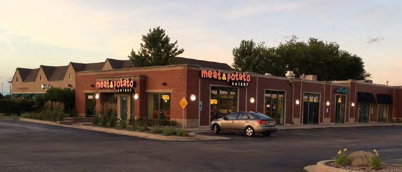 Meat and Potato Eatery restaurant exterior with parking in front in McHenry, Illinois